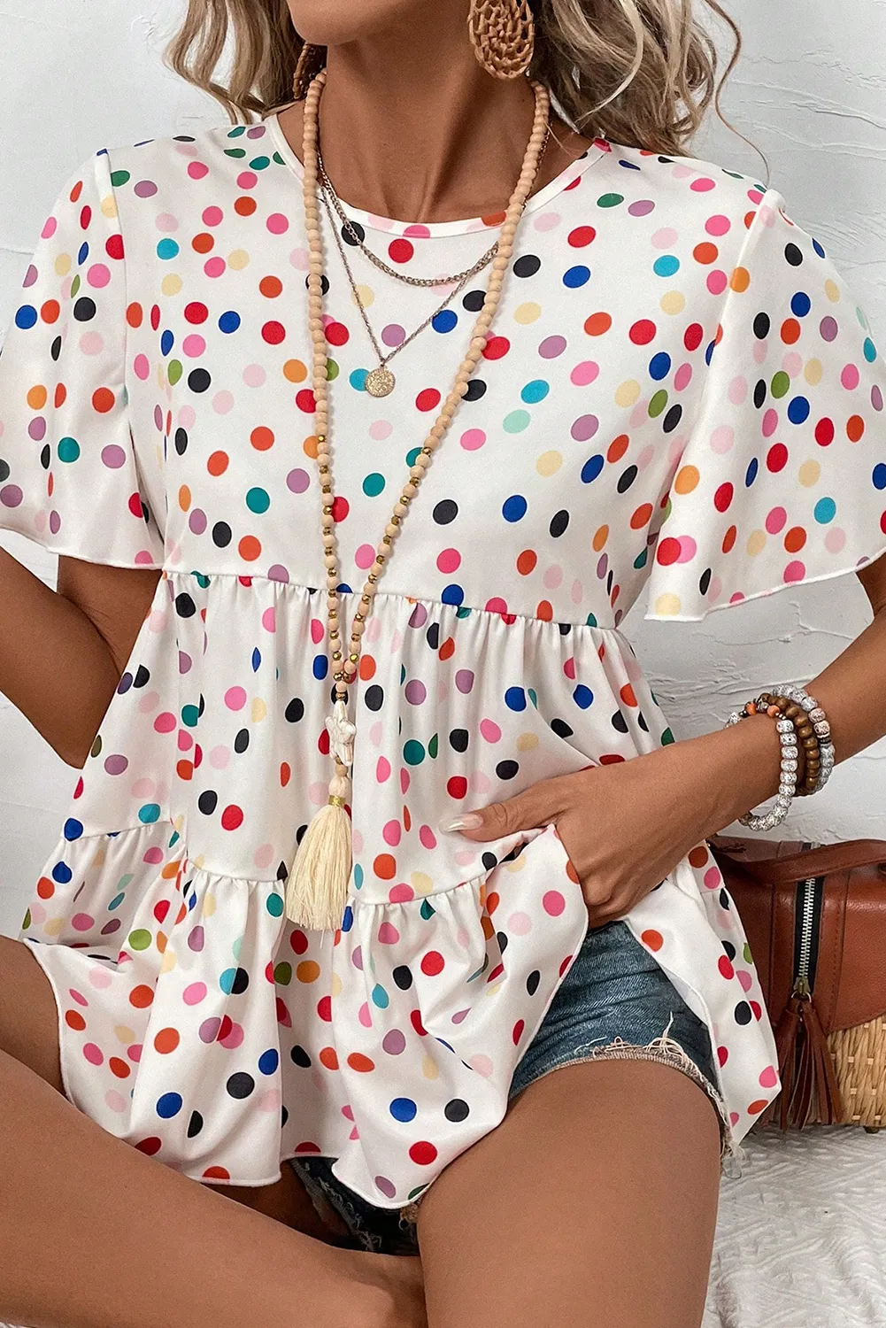 White Colorful Polka Dot Short Sleeve Tiered Ruffle Babydoll Blouse