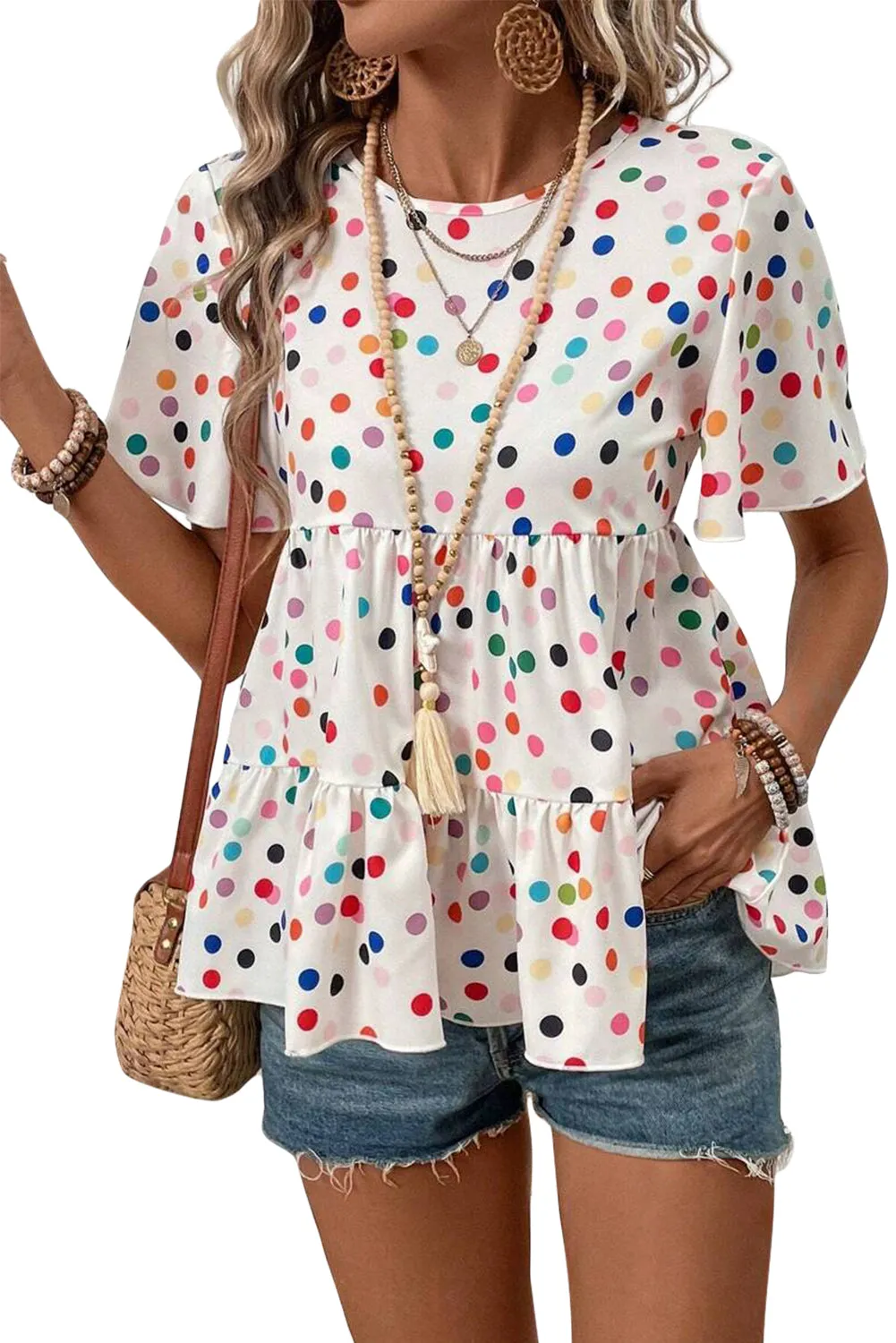 White Colorful Polka Dot Short Sleeve Tiered Ruffle Babydoll Blouse