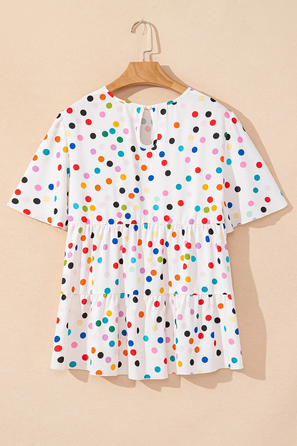 White Colorful Polka Dot Short Sleeve Tiered Ruffle Babydoll Blouse