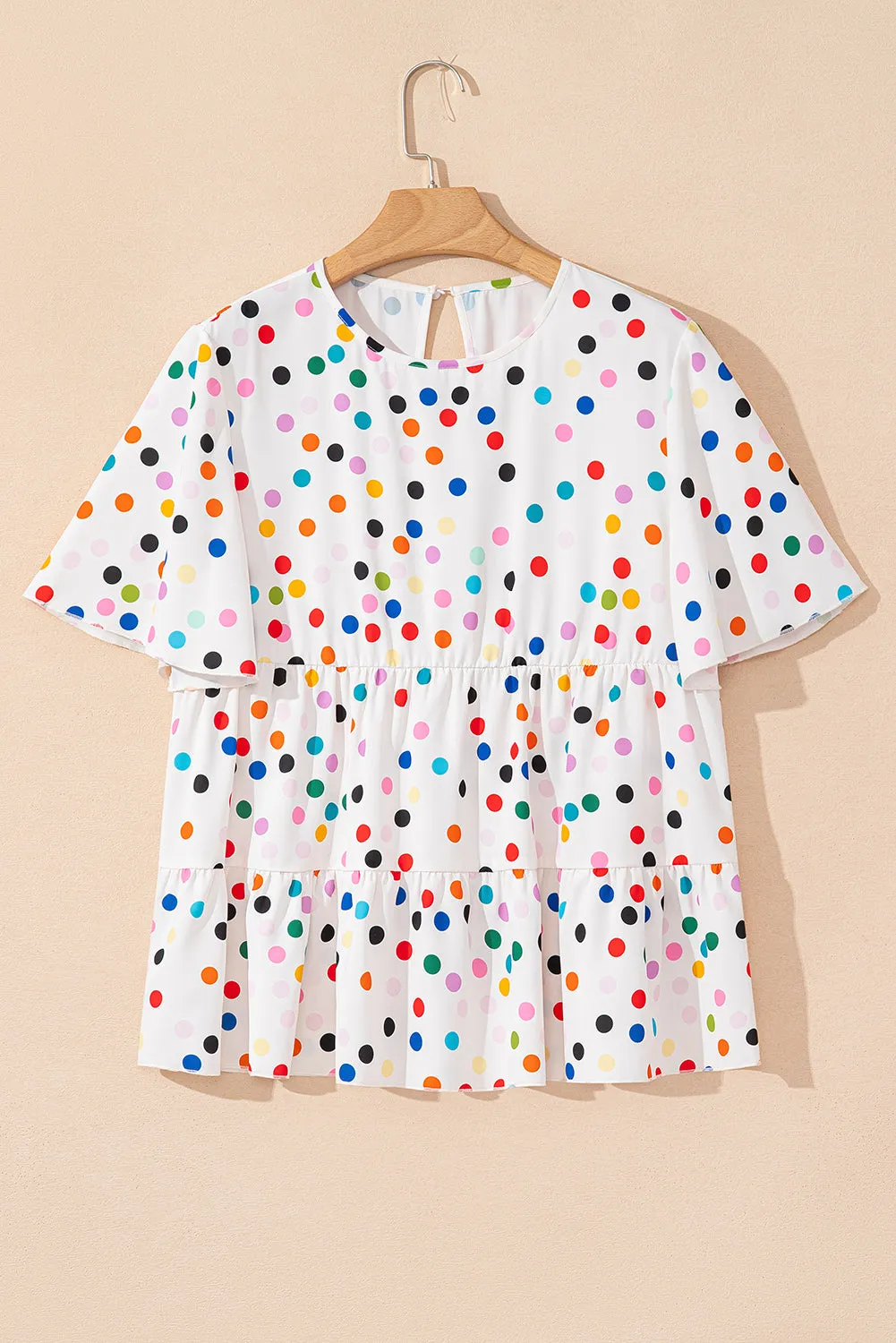 White Colorful Polka Dot Short Sleeve Tiered Ruffle Babydoll Blouse