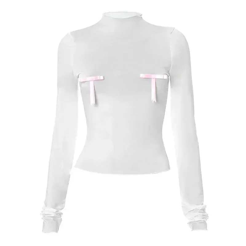 Y2k Cute Bows Sheer White Crop Tops Coquette Clothes Aesthetic Ladies T Shirt Long Sleeve Going Out Top P85-AI14