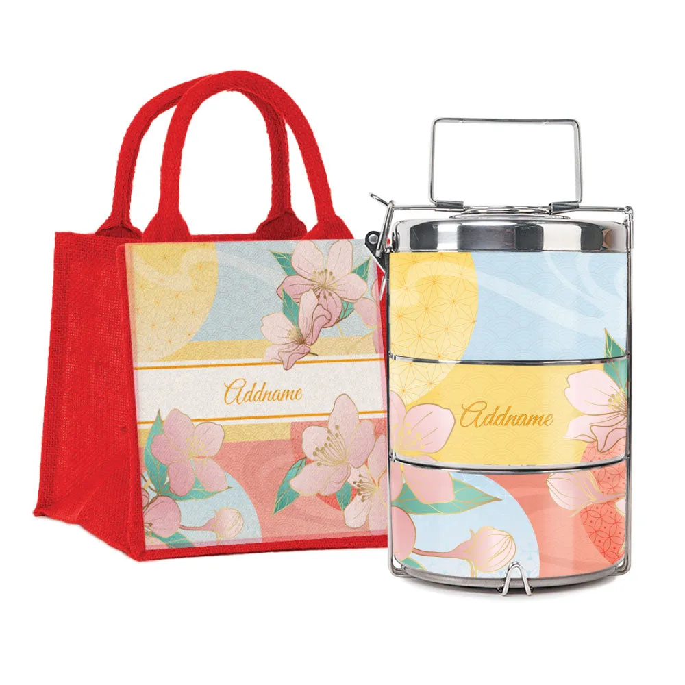 Zen Blossom Oriental Series 3-Tier Premium Medium 13.5cm Tiffin Carrier [FREE Custom Add Name]